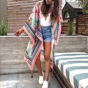 Floral Stripe Kimono Cover-Up in Pink and Mint